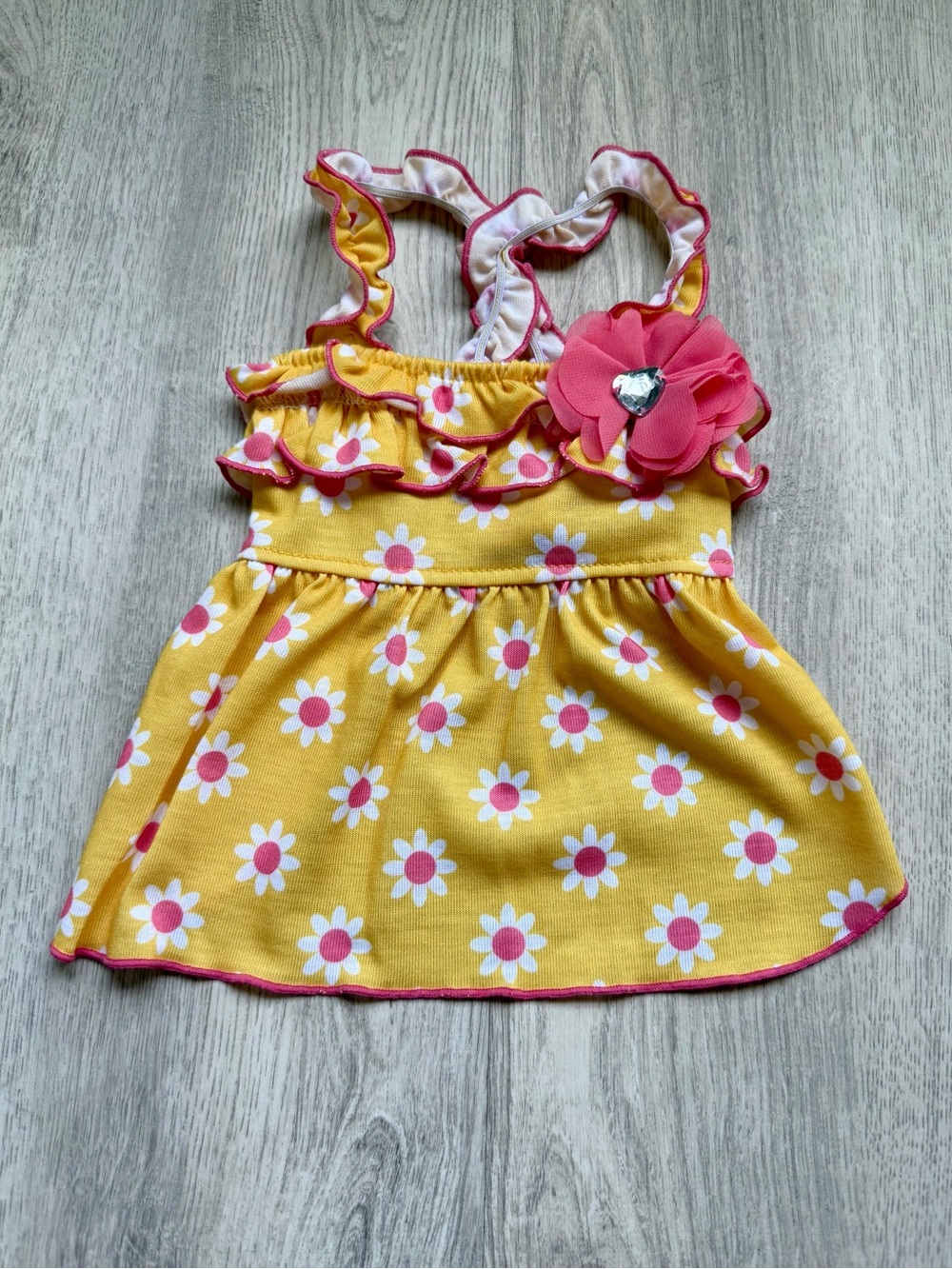 Yellow Daisy Sundress with Pink Flower Accents - Pet/Small Puppy Dog - size XS
